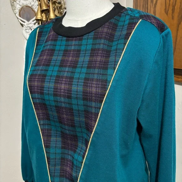 Vintage 80s 90s Sweatshirt Teal Plaid Color Block Pullover Size Small - Picture 2 of 5
